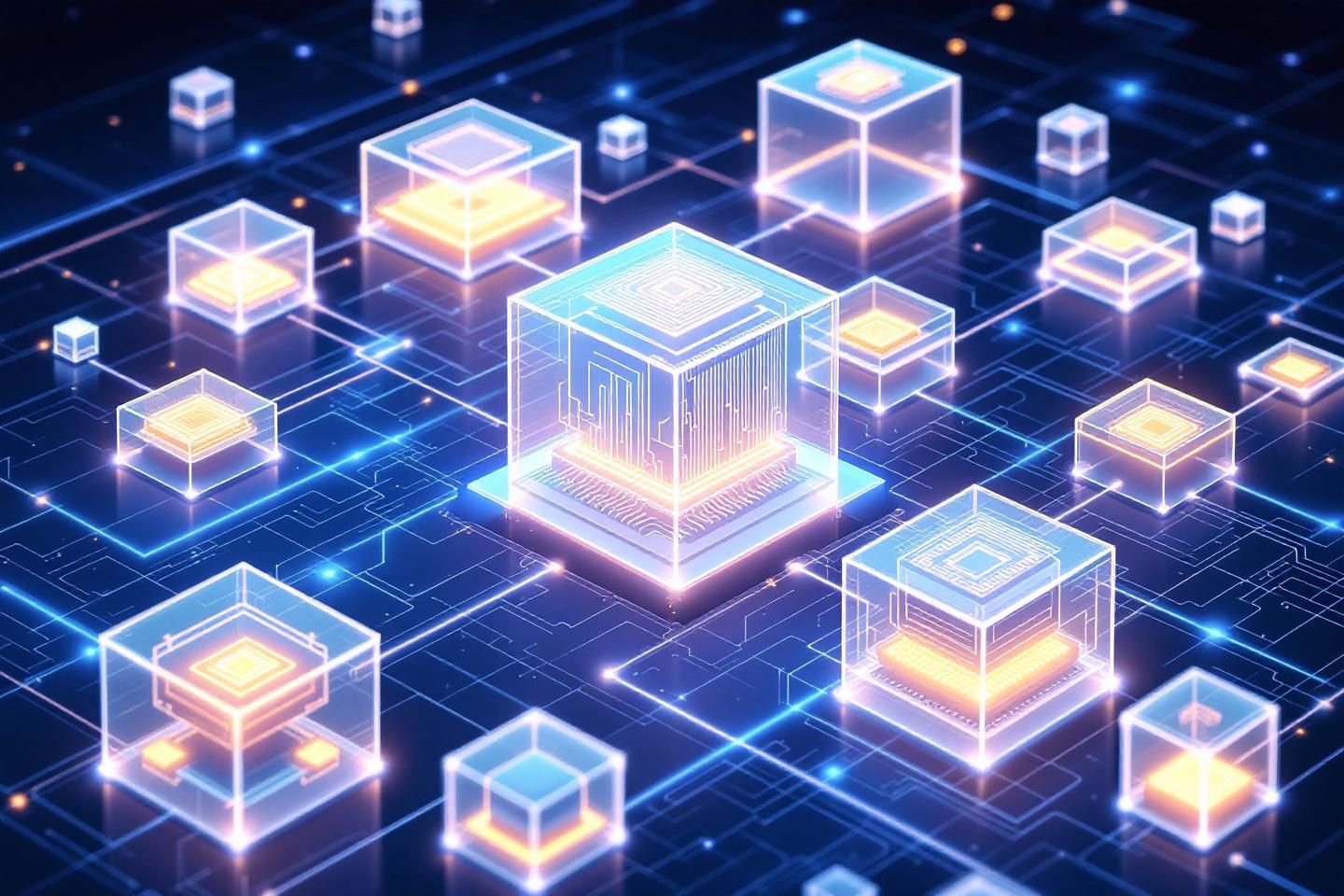 Abstract schematic representing blockchain transparency and architectural data flows
